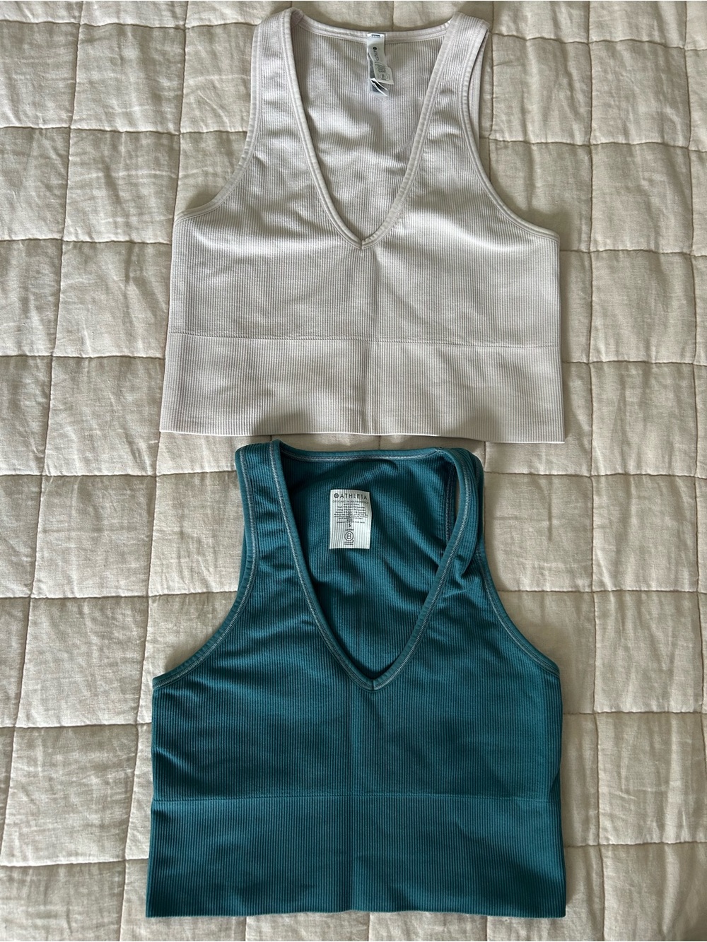Athleta 2-Pack Ribbed V-Neck Crop Tank Tops | Size S | Teal & Ivory